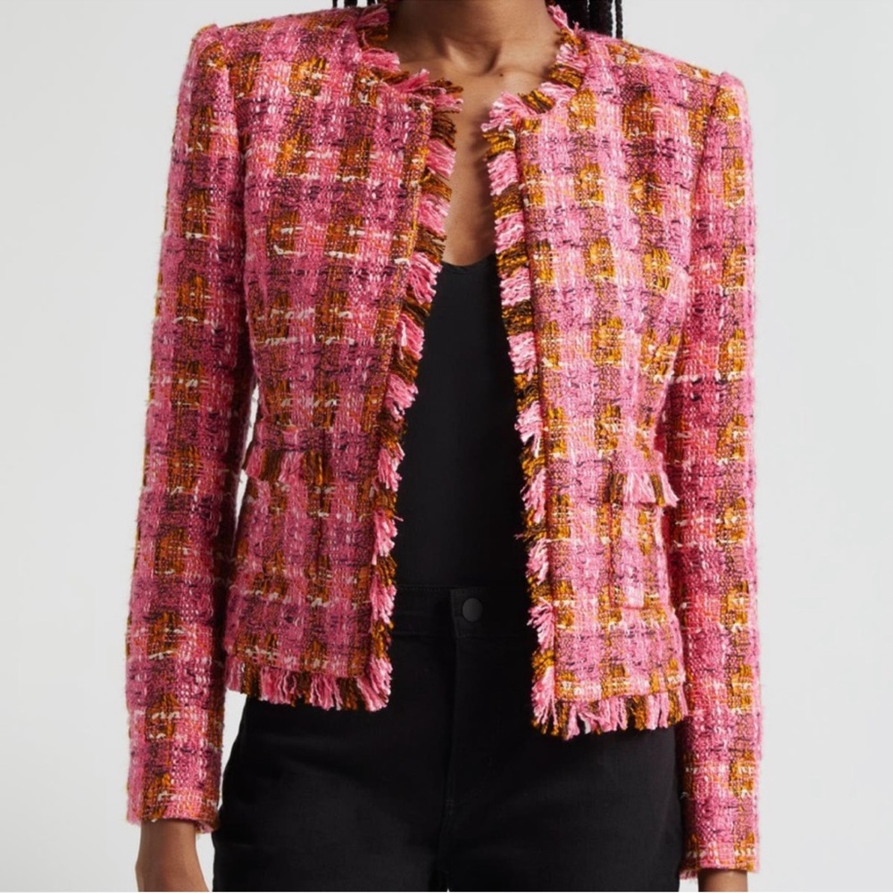 L'Agence Angelina Pink Pink Tweed Houndstooth Open Jacket with Fringe NWT